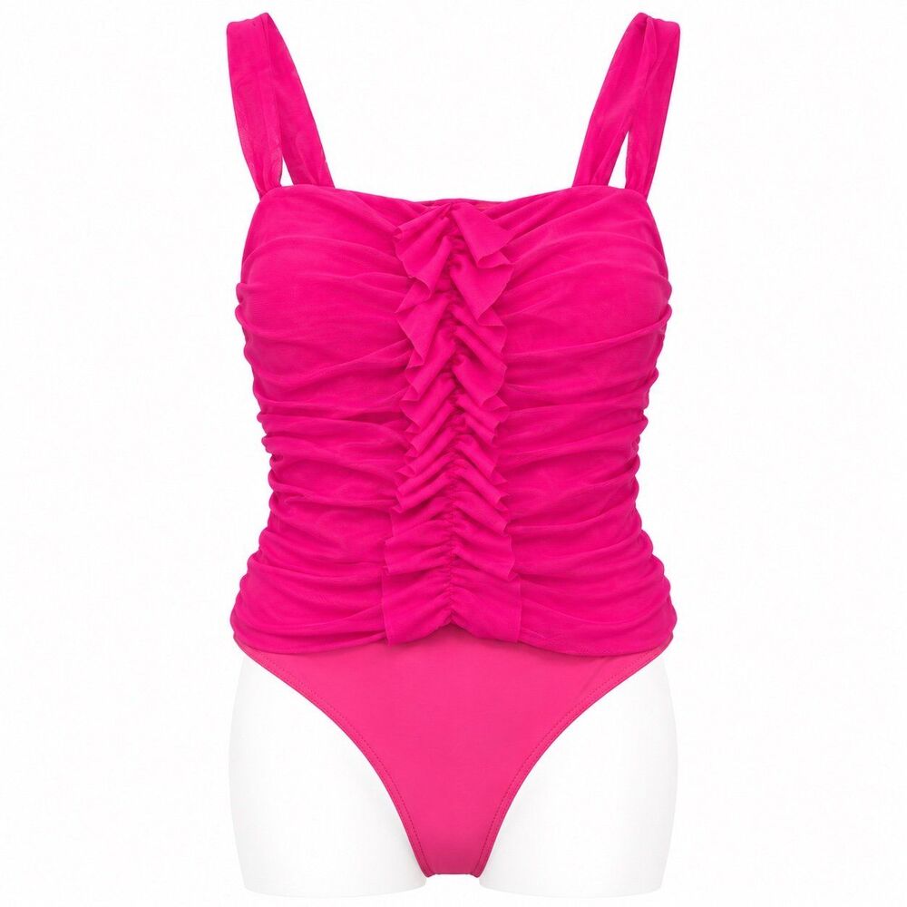 NBD Womens Small Hot Pink Ruched Ruffle Mesh Bodysuit Y2K Party Going Out